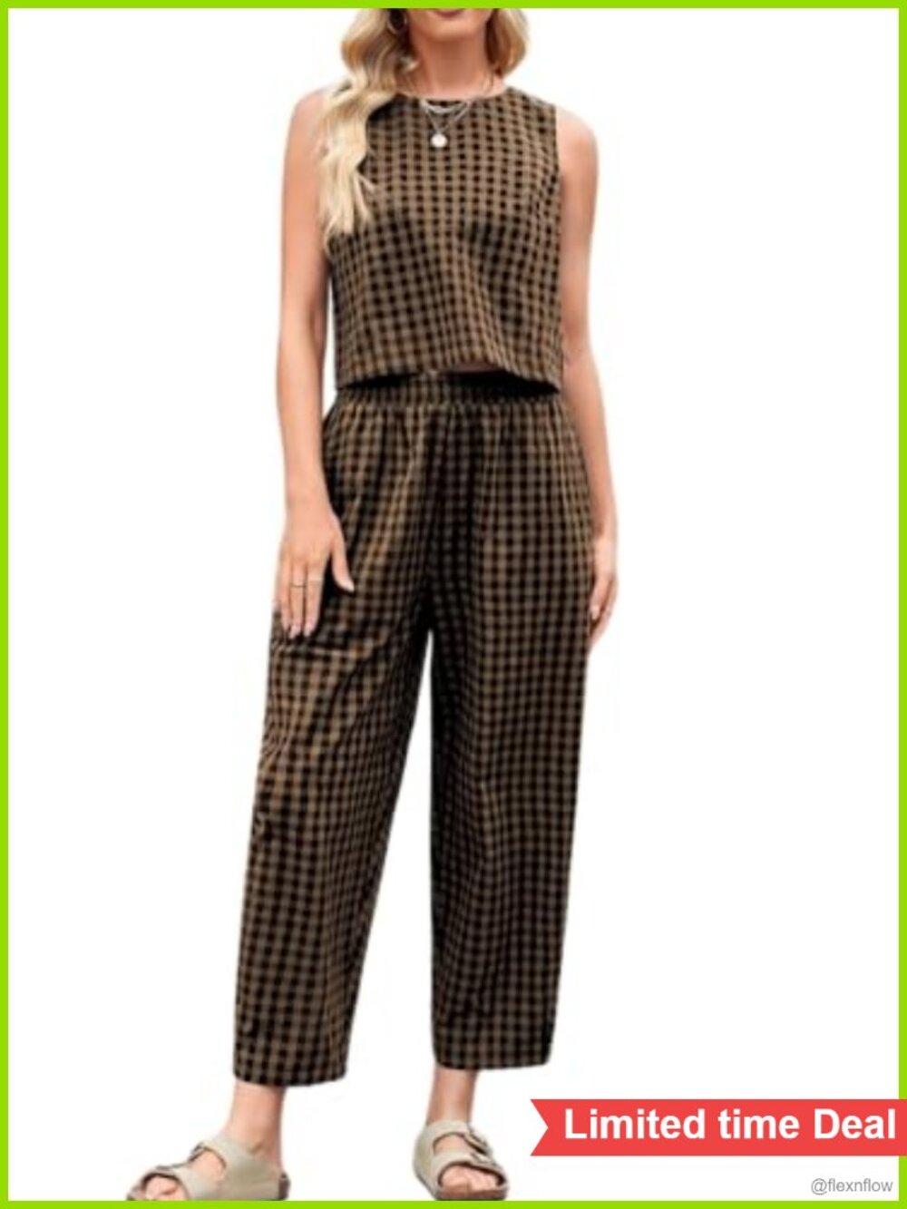 Womens Cotton Gingham 2 Piece Outfit Tank Top and Wide Leg Pants Set
